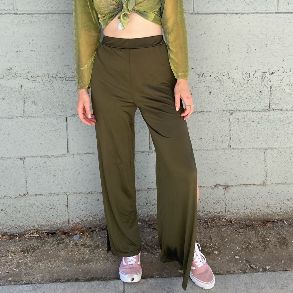 $5!! Green Flowy Pants with Slit, 2 - Picture 3 of 5
